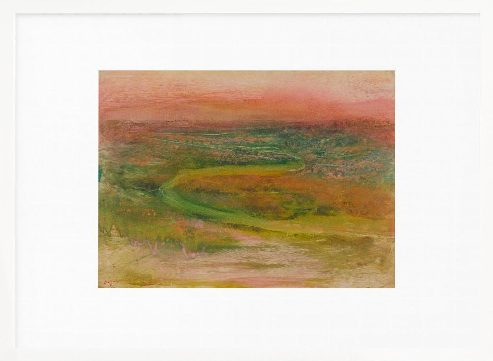An abstract landscape painting with a soft, hazy aesthetic, featuring a pink and orange sky over a green and earthy-toned rolling terrain with a winding path. The artwork is framed in a silver frame with a wide white mat. Wall Art
