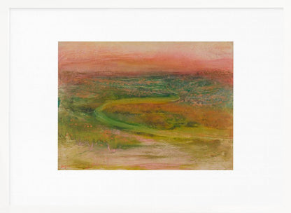 An abstract landscape painting with a soft, hazy aesthetic, featuring a pink and orange sky over a green and earthy-toned rolling terrain with a winding path. The artwork is framed in a silver frame with a wide white mat. Wall Art