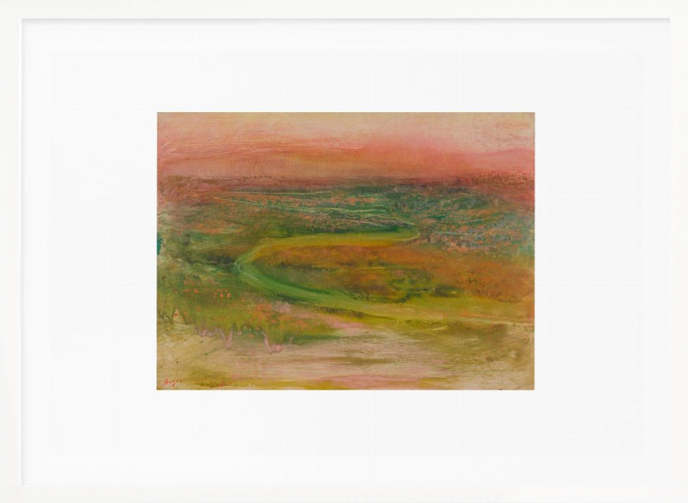 An abstract landscape painting with a soft, hazy aesthetic, featuring a pink and orange sky over a green and earthy-toned rolling terrain with a winding path. The artwork is framed in a silver frame with a wide white mat. Wall Art