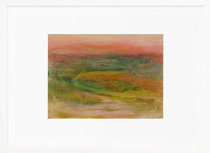 An abstract landscape painting with a soft, hazy aesthetic, featuring a pink and orange sky over a green and earthy-toned rolling terrain with a winding path. The artwork is framed in a silver frame with a wide white mat. Wall Art