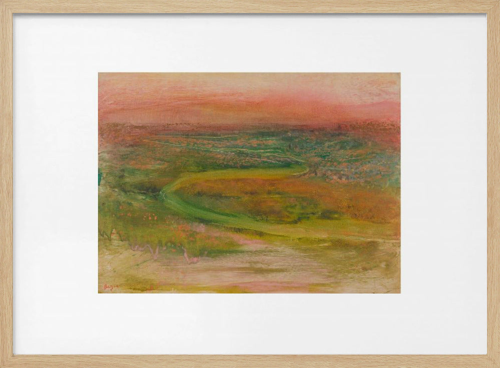 An abstract landscape painting with a soft, hazy aesthetic, featuring a pink and orange sky over a green and earthy-toned rolling terrain with a winding path. The artwork is framed in a silver frame with a wide white mat. Wall Art