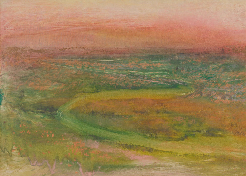 An abstract landscape painting in a silver frame. The artwork features a warm, peachy-orange sky above a rolling terrain of muted greens, yellows, and oranges. A faint, winding path meanders through the landscape, rendered in a soft, impressionistic style. Artwork