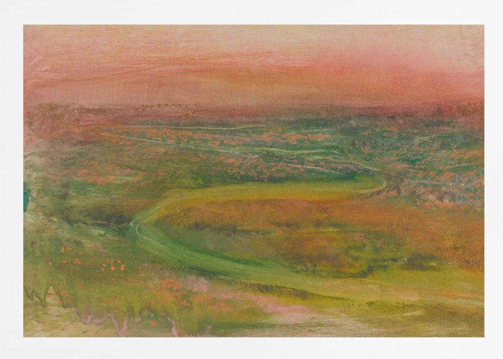 An abstract landscape painting in a silver frame. The artwork features a warm, peachy-orange sky above a rolling terrain of muted greens, yellows, and oranges. A faint, winding path meanders through the landscape, rendered in a soft, impressionistic style. Artwork