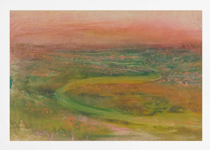 An abstract landscape painting in a silver frame. The artwork features a warm, peachy-orange sky above a rolling terrain of muted greens, yellows, and oranges. A faint, winding path meanders through the landscape, rendered in a soft, impressionistic style. Artwork