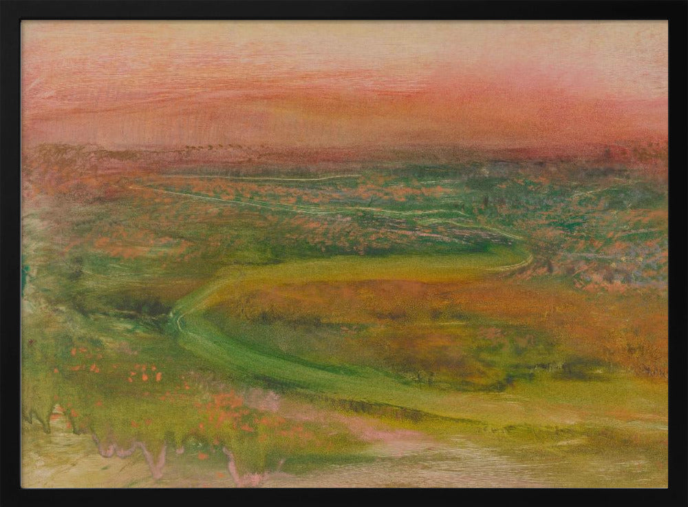 An abstract landscape painting in a silver frame. The artwork features a warm, peachy-orange sky above a rolling terrain of muted greens, yellows, and oranges. A faint, winding path meanders through the landscape, rendered in a soft, impressionistic style. Artwork