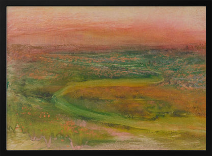An abstract landscape painting in a silver frame. The artwork features a warm, peachy-orange sky above a rolling terrain of muted greens, yellows, and oranges. A faint, winding path meanders through the landscape, rendered in a soft, impressionistic style. Artwork