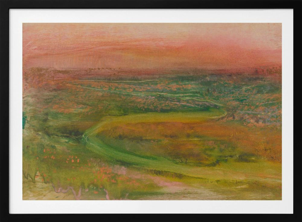 An abstract landscape painting in a silver frame. The artwork features a warm, peachy-orange sky above a rolling terrain of muted greens, yellows, and oranges. A faint, winding path meanders through the landscape, rendered in a soft, impressionistic style. Artwork