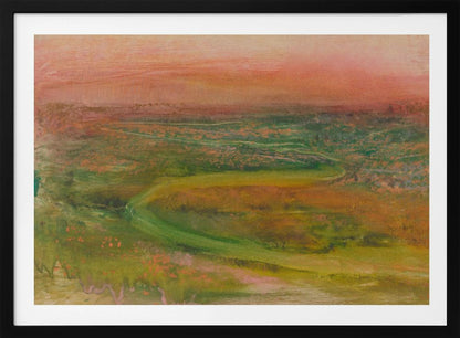 An abstract landscape painting in a silver frame. The artwork features a warm, peachy-orange sky above a rolling terrain of muted greens, yellows, and oranges. A faint, winding path meanders through the landscape, rendered in a soft, impressionistic style. Artwork