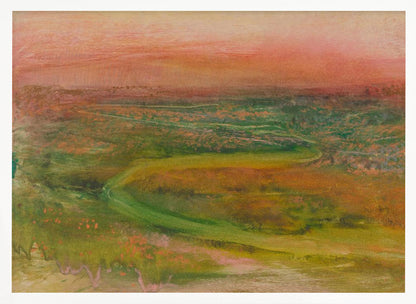 An abstract landscape painting in a silver frame. The artwork features a warm, peachy-orange sky above a rolling terrain of muted greens, yellows, and oranges. A faint, winding path meanders through the landscape, rendered in a soft, impressionistic style. Artwork