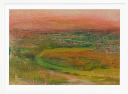An abstract landscape painting in a silver frame. The artwork features a warm, peachy-orange sky above a rolling terrain of muted greens, yellows, and oranges. A faint, winding path meanders through the landscape, rendered in a soft, impressionistic style. Artwork