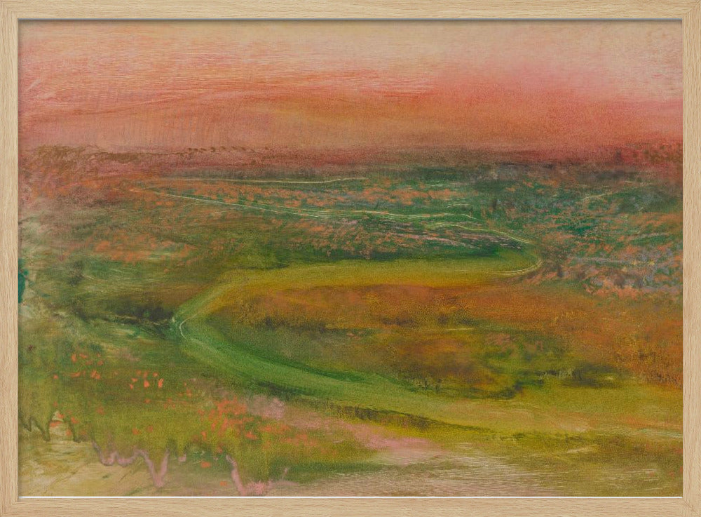 An abstract landscape painting in a silver frame. The artwork features a warm, peachy-orange sky above a rolling terrain of muted greens, yellows, and oranges. A faint, winding path meanders through the landscape, rendered in a soft, impressionistic style. Artwork