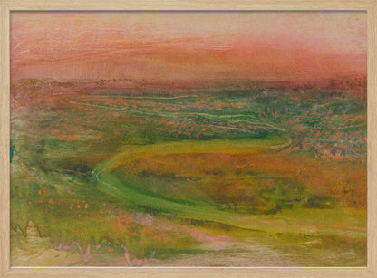 An abstract landscape painting in a silver frame. The artwork features a warm, peachy-orange sky above a rolling terrain of muted greens, yellows, and oranges. A faint, winding path meanders through the landscape, rendered in a soft, impressionistic style. Artwork