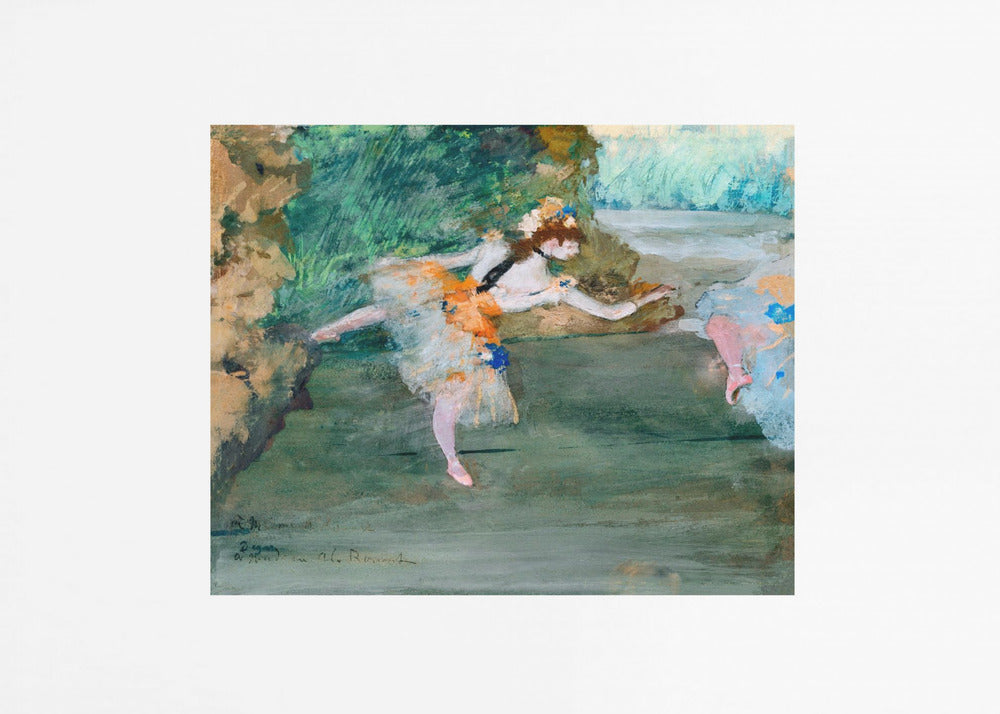 An Impressionist painting of a ballerina mid-dance on a stage, wearing a white and orange tutu. The background is a wash of green and brown tones. The painting is presented within a white mat and a silver frame. Artwork