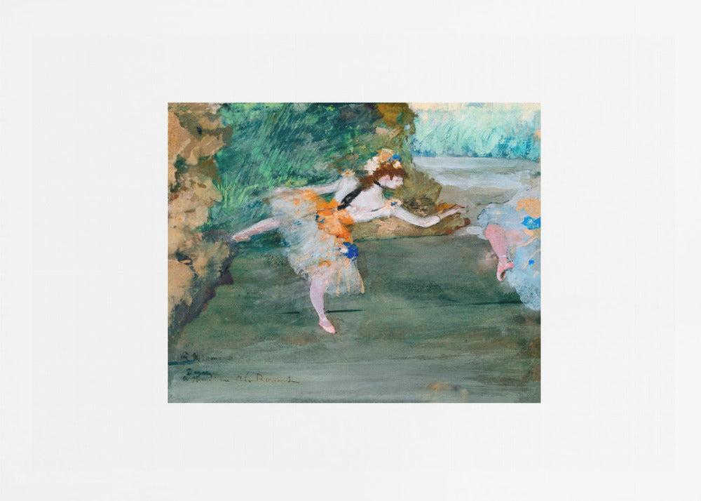 An Impressionist painting of a ballerina mid-dance on a stage, wearing a white and orange tutu. The background is a wash of green and brown tones. The painting is presented within a white mat and a silver frame. Artwork