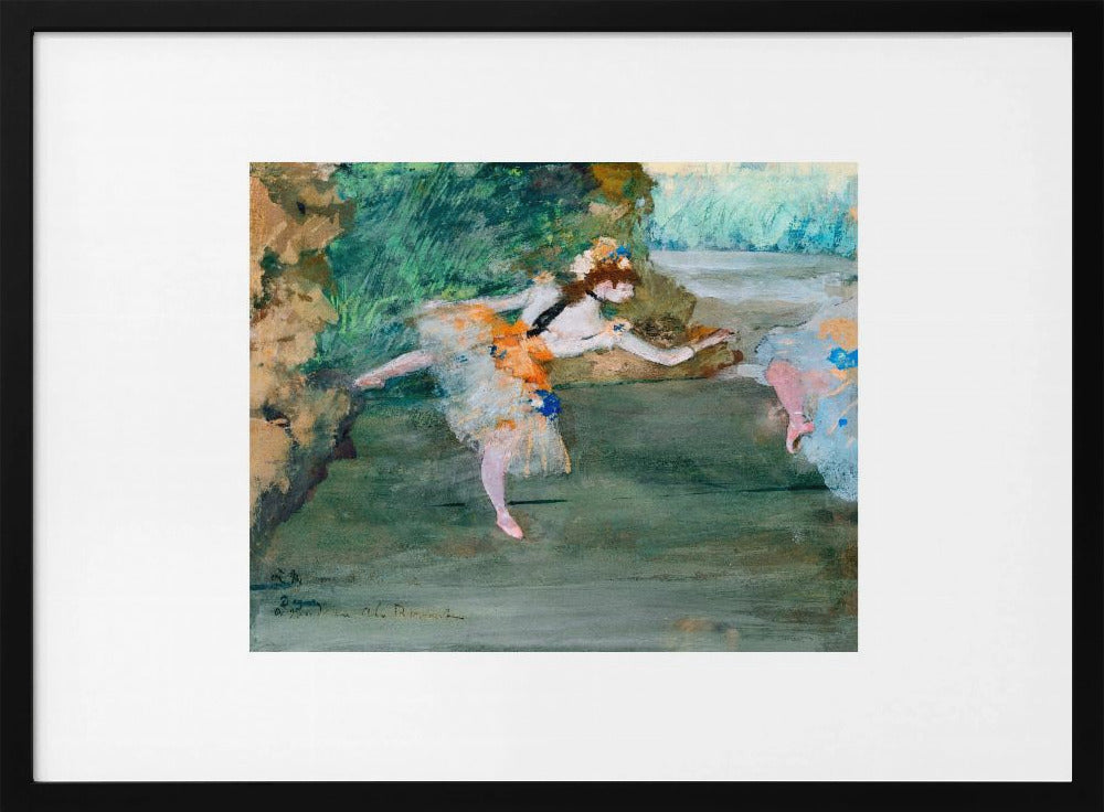 An Impressionist painting of a ballerina mid-dance on a stage, wearing a white and orange tutu. The background is a wash of green and brown tones. The painting is presented within a white mat and a silver frame. Artwork