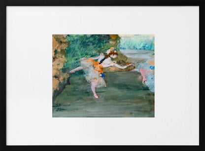 An Impressionist painting of a ballerina mid-dance on a stage, wearing a white and orange tutu. The background is a wash of green and brown tones. The painting is presented within a white mat and a silver frame. Artwork