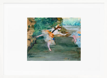An Impressionist painting of a ballerina mid-dance on a stage, wearing a white and orange tutu. The background is a wash of green and brown tones. The painting is presented within a white mat and a silver frame. Artwork