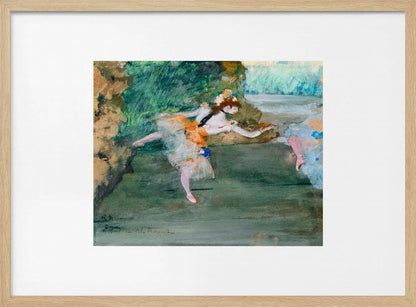 An Impressionist painting of a ballerina mid-dance on a stage, wearing a white and orange tutu. The background is a wash of green and brown tones. The painting is presented within a white mat and a silver frame. Artwork