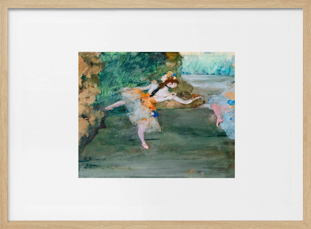 An Impressionist painting of a ballerina mid-dance on a stage, wearing a white and orange tutu. The background is a wash of green and brown tones. The painting is presented within a white mat and a silver frame. Artwork