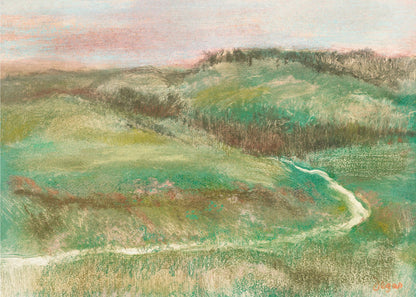 A framed, impressionistic pastel drawing of a rolling green landscape with a winding path or stream. The hills are a mix of vibrant and muted greens with earthy brown tones, under a soft pink and pale blue sky. The texture is soft and painterly, and the artwork is enclosed in a simple silver frame. Artwork
