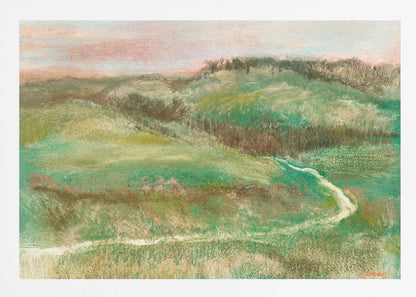 A framed, impressionistic pastel drawing of a rolling green landscape with a winding path or stream. The hills are a mix of vibrant and muted greens with earthy brown tones, under a soft pink and pale blue sky. The texture is soft and painterly, and the artwork is enclosed in a simple silver frame. Artwork