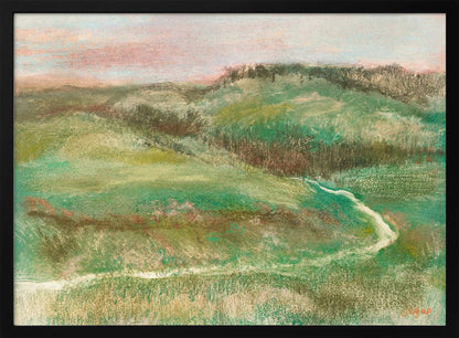 A framed, impressionistic pastel drawing of a rolling green landscape with a winding path or stream. The hills are a mix of vibrant and muted greens with earthy brown tones, under a soft pink and pale blue sky. The texture is soft and painterly, and the artwork is enclosed in a simple silver frame. Artwork