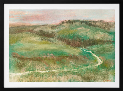 A framed, impressionistic pastel drawing of a rolling green landscape with a winding path or stream. The hills are a mix of vibrant and muted greens with earthy brown tones, under a soft pink and pale blue sky. The texture is soft and painterly, and the artwork is enclosed in a simple silver frame. Artwork