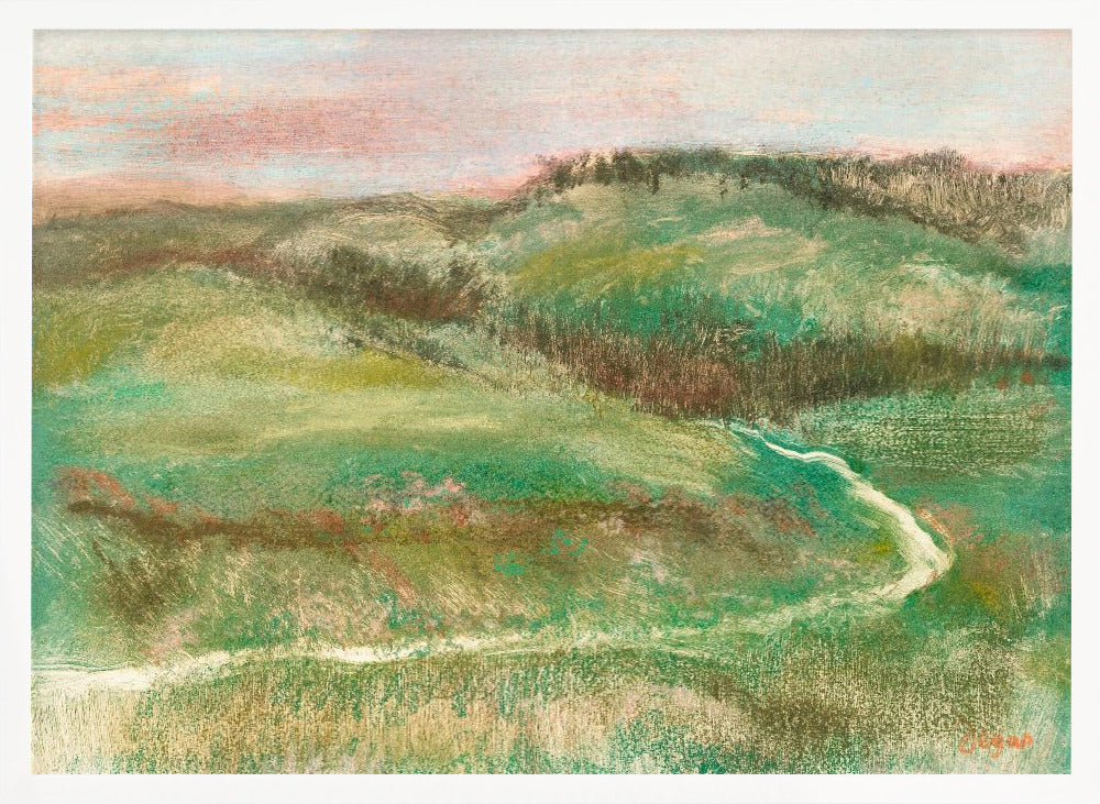 A framed, impressionistic pastel drawing of a rolling green landscape with a winding path or stream. The hills are a mix of vibrant and muted greens with earthy brown tones, under a soft pink and pale blue sky. The texture is soft and painterly, and the artwork is enclosed in a simple silver frame. Artwork