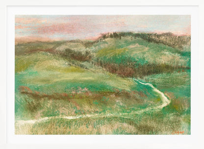 A framed, impressionistic pastel drawing of a rolling green landscape with a winding path or stream. The hills are a mix of vibrant and muted greens with earthy brown tones, under a soft pink and pale blue sky. The texture is soft and painterly, and the artwork is enclosed in a simple silver frame. Artwork