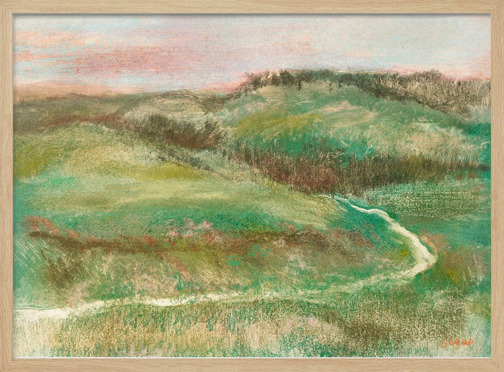 A framed, impressionistic pastel drawing of a rolling green landscape with a winding path or stream. The hills are a mix of vibrant and muted greens with earthy brown tones, under a soft pink and pale blue sky. The texture is soft and painterly, and the artwork is enclosed in a simple silver frame. Artwork