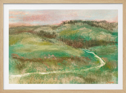 A framed, impressionistic pastel drawing of a rolling green landscape with a winding path or stream. The hills are a mix of vibrant and muted greens with earthy brown tones, under a soft pink and pale blue sky. The texture is soft and painterly, and the artwork is enclosed in a simple silver frame. Artwork