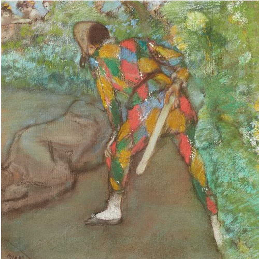 A pastel painting by Edgar Degas titled 'Harlequin'. It shows a figure from behind, dressed in a colorful diamond-patterned harlequin costume of red, yellow, green, and blue. The figure is bent over in a grassy landscape, holding a bat or slapstick. The style is impressionistic and soft. Print