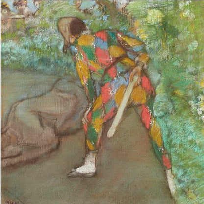A pastel painting by Edgar Degas titled 'Harlequin'. It shows a figure from behind, dressed in a colorful diamond-patterned harlequin costume of red, yellow, green, and blue. The figure is bent over in a grassy landscape, holding a bat or slapstick. The style is impressionistic and soft. Print