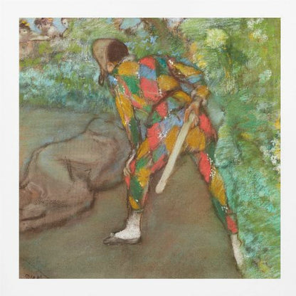 A pastel painting by Edgar Degas titled 'Harlequin'. It shows a figure from behind, dressed in a colorful diamond-patterned harlequin costume of red, yellow, green, and blue. The figure is bent over in a grassy landscape, holding a bat or slapstick. The style is impressionistic and soft. Print