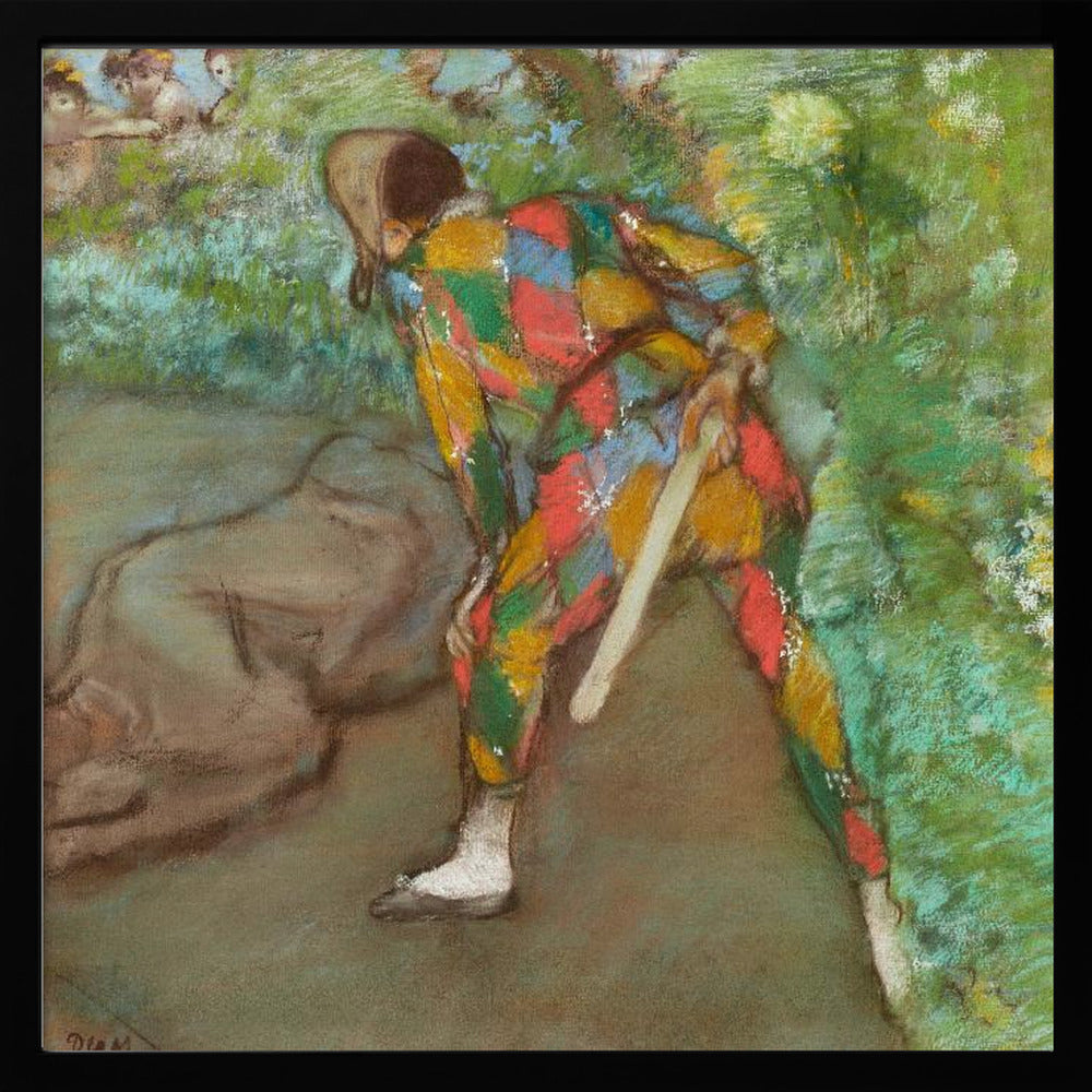 A pastel painting by Edgar Degas titled 'Harlequin'. It shows a figure from behind, dressed in a colorful diamond-patterned harlequin costume of red, yellow, green, and blue. The figure is bent over in a grassy landscape, holding a bat or slapstick. The style is impressionistic and soft. Print