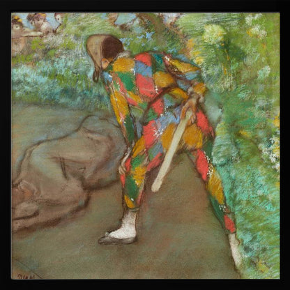 A pastel painting by Edgar Degas titled 'Harlequin'. It shows a figure from behind, dressed in a colorful diamond-patterned harlequin costume of red, yellow, green, and blue. The figure is bent over in a grassy landscape, holding a bat or slapstick. The style is impressionistic and soft. Print
