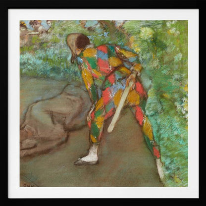 A pastel painting by Edgar Degas titled 'Harlequin'. It shows a figure from behind, dressed in a colorful diamond-patterned harlequin costume of red, yellow, green, and blue. The figure is bent over in a grassy landscape, holding a bat or slapstick. The style is impressionistic and soft. Print
