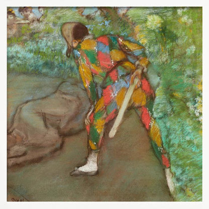 A pastel painting by Edgar Degas titled 'Harlequin'. It shows a figure from behind, dressed in a colorful diamond-patterned harlequin costume of red, yellow, green, and blue. The figure is bent over in a grassy landscape, holding a bat or slapstick. The style is impressionistic and soft. Print