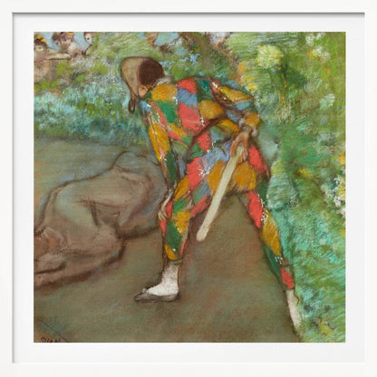 A pastel painting by Edgar Degas titled 'Harlequin'. It shows a figure from behind, dressed in a colorful diamond-patterned harlequin costume of red, yellow, green, and blue. The figure is bent over in a grassy landscape, holding a bat or slapstick. The style is impressionistic and soft. Print