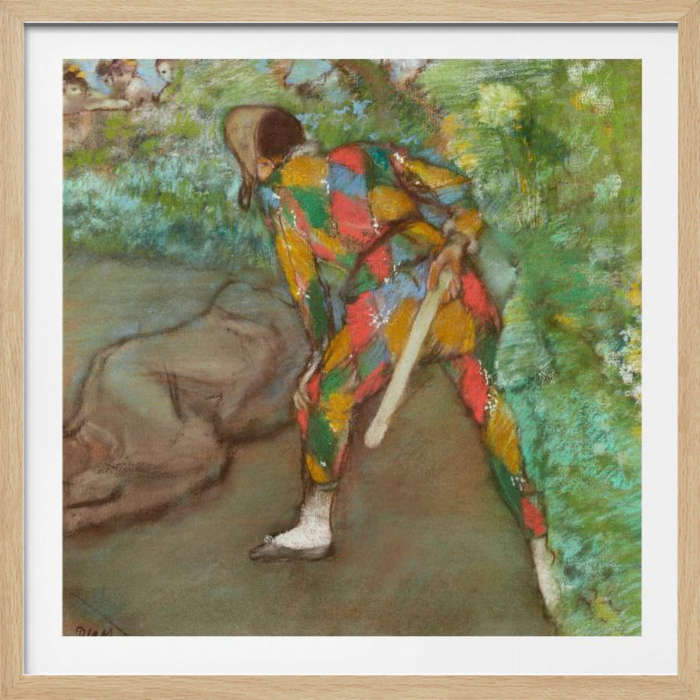 A pastel painting by Edgar Degas titled 'Harlequin'. It shows a figure from behind, dressed in a colorful diamond-patterned harlequin costume of red, yellow, green, and blue. The figure is bent over in a grassy landscape, holding a bat or slapstick. The style is impressionistic and soft. Print