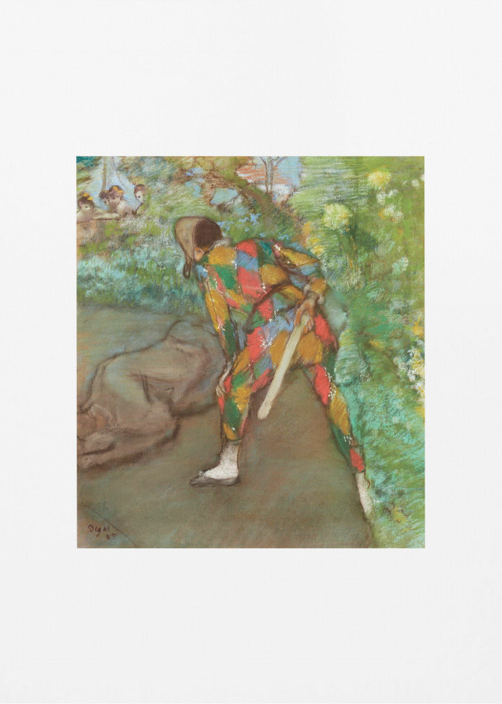 A framed vintage painting by Edgar Degas depicting a Harlequin in a colorful diamond-patterned costume. The figure is shown from the back, bending in a garden setting, with other figures faintly visible in the background. Wall Art