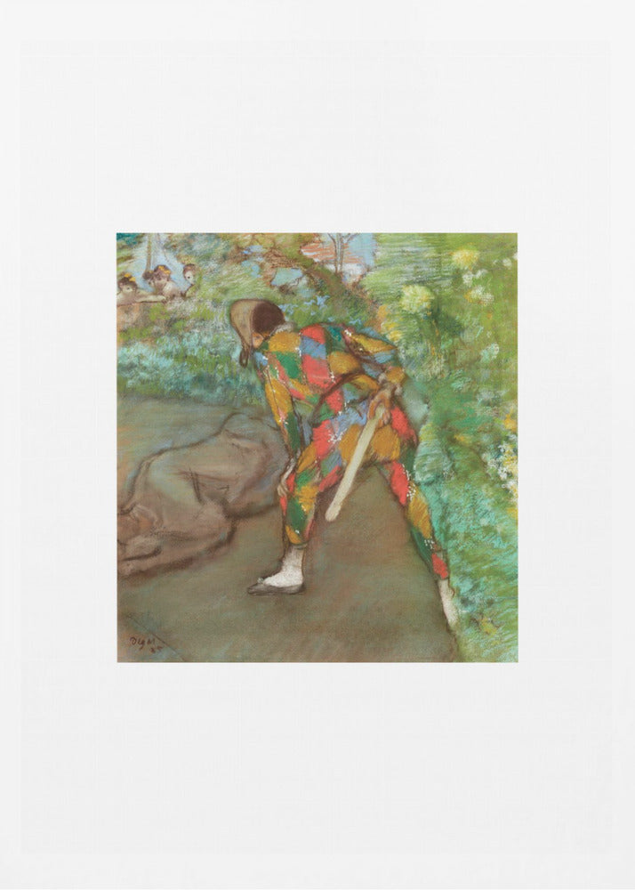 A framed vintage painting by Edgar Degas depicting a Harlequin in a colorful diamond-patterned costume. The figure is shown from the back, bending in a garden setting, with other figures faintly visible in the background. Wall Art