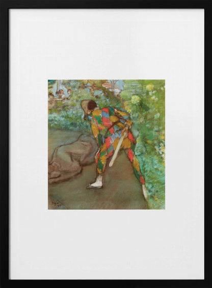 A framed vintage painting by Edgar Degas depicting a Harlequin in a colorful diamond-patterned costume. The figure is shown from the back, bending in a garden setting, with other figures faintly visible in the background. Wall Art