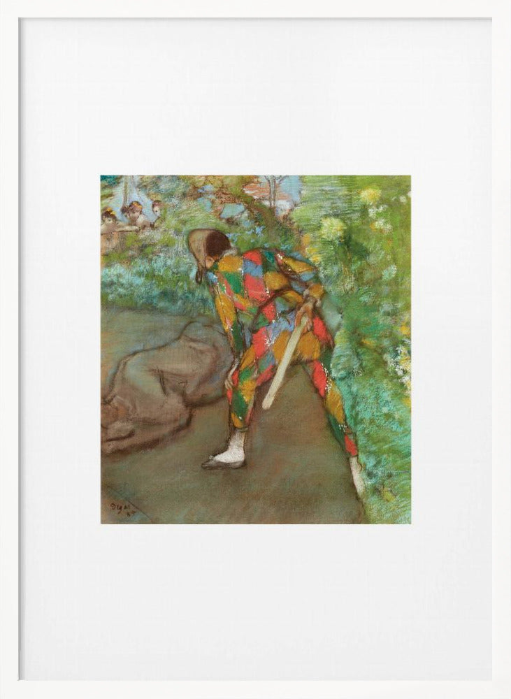 A framed vintage painting by Edgar Degas depicting a Harlequin in a colorful diamond-patterned costume. The figure is shown from the back, bending in a garden setting, with other figures faintly visible in the background. Wall Art