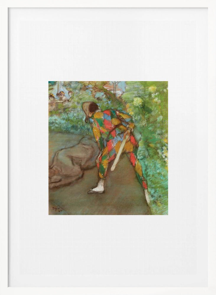 A framed vintage painting by Edgar Degas depicting a Harlequin in a colorful diamond-patterned costume. The figure is shown from the back, bending in a garden setting, with other figures faintly visible in the background. Wall Art