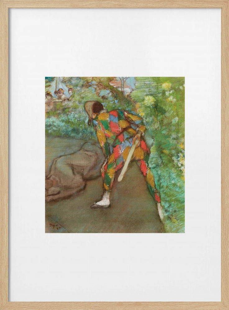 A framed vintage painting by Edgar Degas depicting a Harlequin in a colorful diamond-patterned costume. The figure is shown from the back, bending in a garden setting, with other figures faintly visible in the background. Wall Art