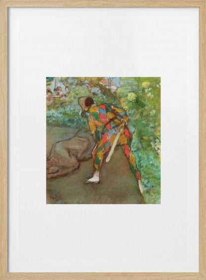 A framed vintage painting by Edgar Degas depicting a Harlequin in a colorful diamond-patterned costume. The figure is shown from the back, bending in a garden setting, with other figures faintly visible in the background. Wall Art