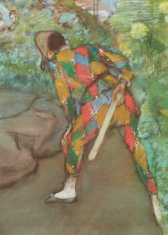 A pastel painting of a person in a colorful harlequin costume, viewed from behind. The figure is bent over in a green, leafy setting, holding a flat wooden paddle. The costume features a vibrant diamond pattern in red, yellow, green, and blue. Wall Art