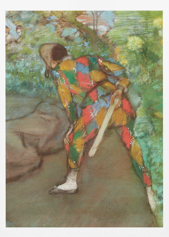 A pastel painting of a person in a colorful harlequin costume, viewed from behind. The figure is bent over in a green, leafy setting, holding a flat wooden paddle. The costume features a vibrant diamond pattern in red, yellow, green, and blue. Wall Art
