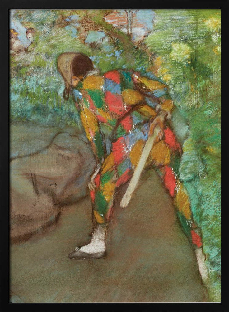 A pastel painting of a person in a colorful harlequin costume, viewed from behind. The figure is bent over in a green, leafy setting, holding a flat wooden paddle. The costume features a vibrant diamond pattern in red, yellow, green, and blue. Wall Art